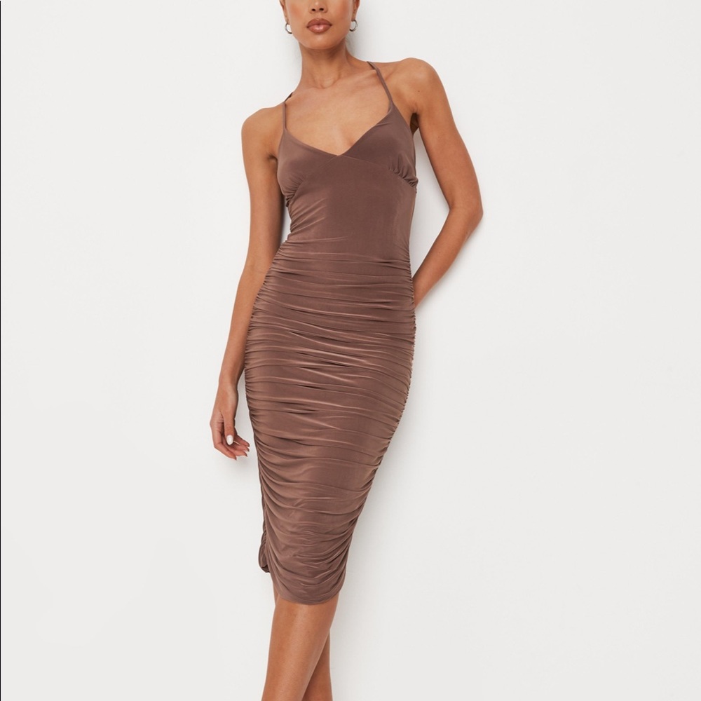 Misguided Brown Rouched Midi Dress